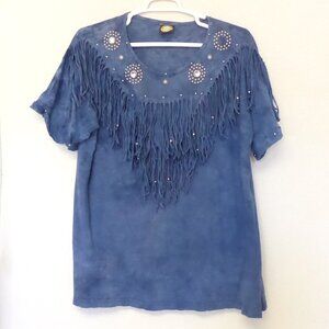 1980s Vintage dark blue tie dye beaded fringe silver studded t shirt one size